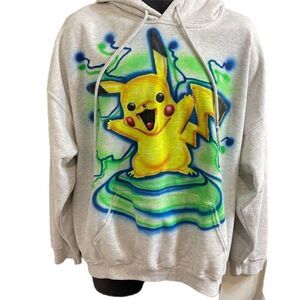 Gildan Heavy Blend Grey Pikachu Air Brush Sweatshirt Hoodie Size XL Rare